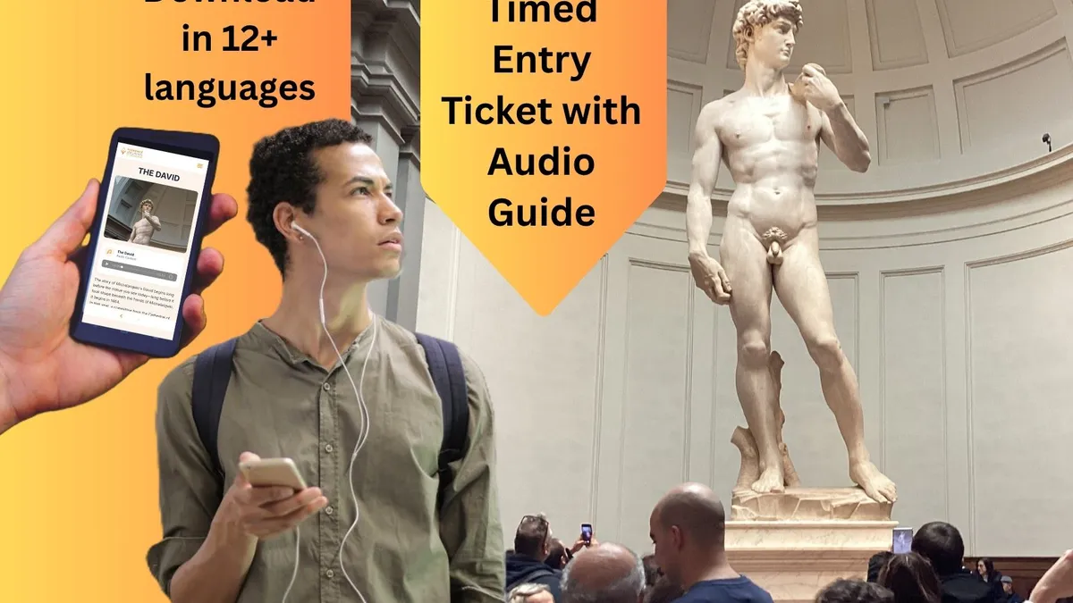 A long queue of visitors outside the Uffizi Gallery in Florence on a sunny summer morning