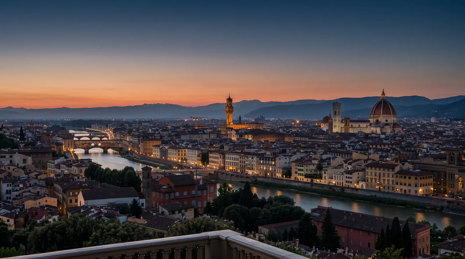 Florence at dusk from Piazzale Michelangelo — the Duomo, Palazzo Vecchio and the Arno