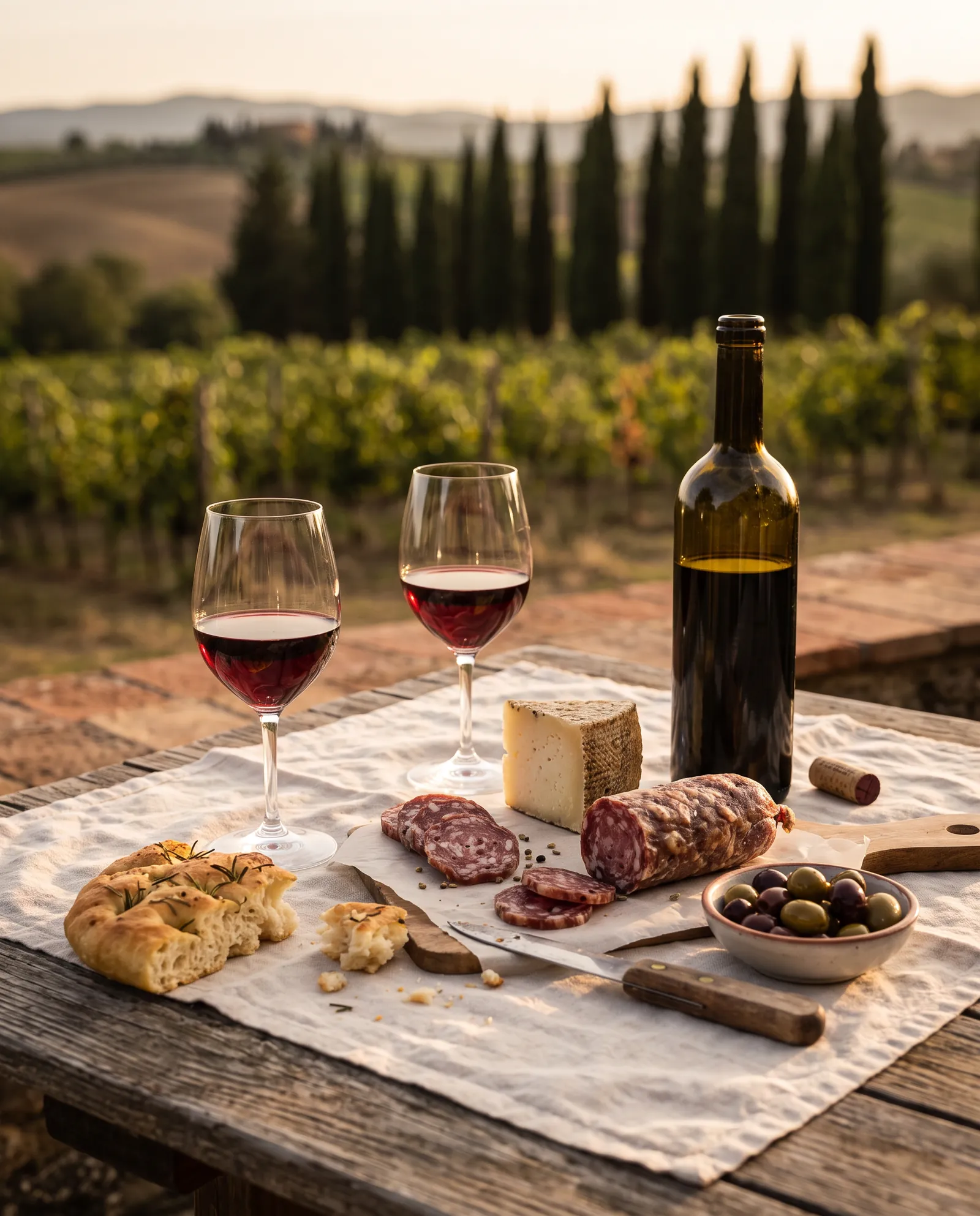 Chianti wine, pecorino and salami on a vineyard terrace in Tuscany
